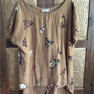 Brown Butterfly Print 100% Linen Tunic Top